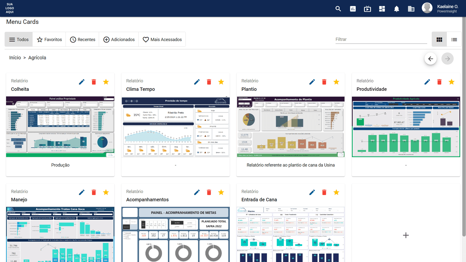 menu cards relatórios